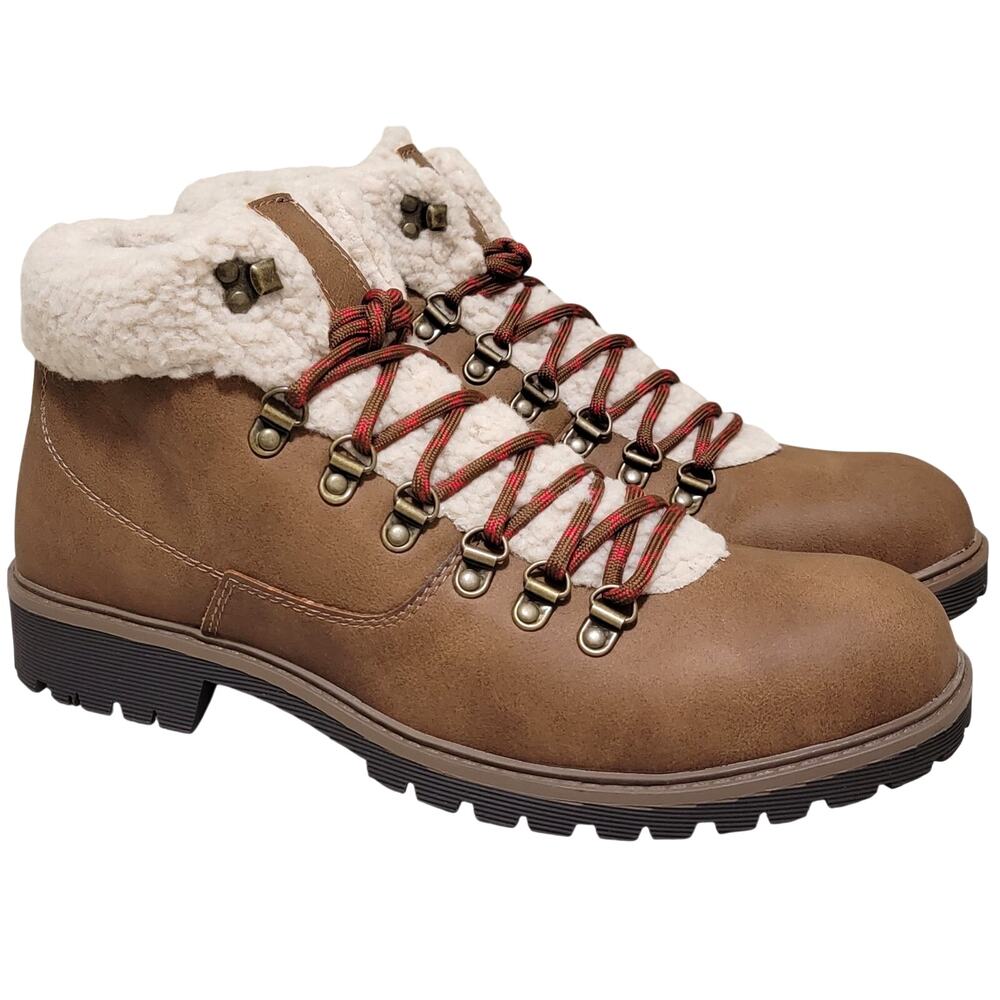 Sun + Stone Men Glenn Faux Fur Cuff Combat Hiker Boots Size US 10M Tan Brown